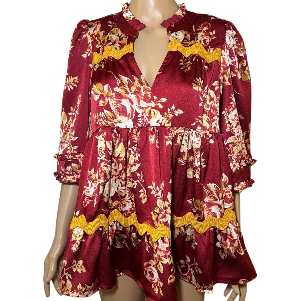 Umgee Women's Orange Floral Tunic Babydoll Top 3/4 Ruffle Sleeve Size Small NWOT